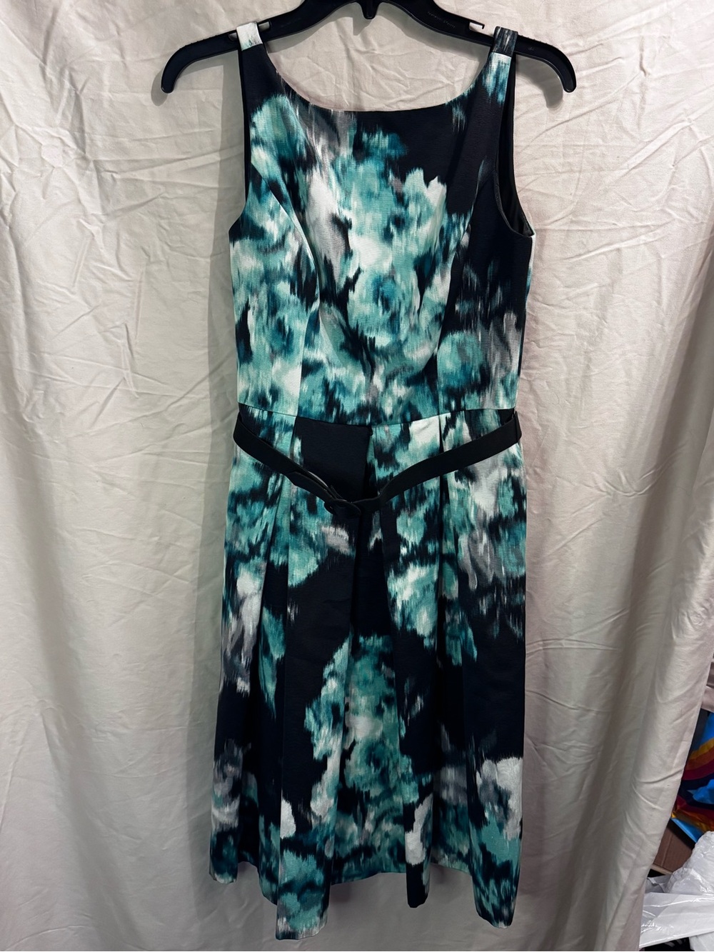Eliza J Teal and Black Watercolor Belted Dress